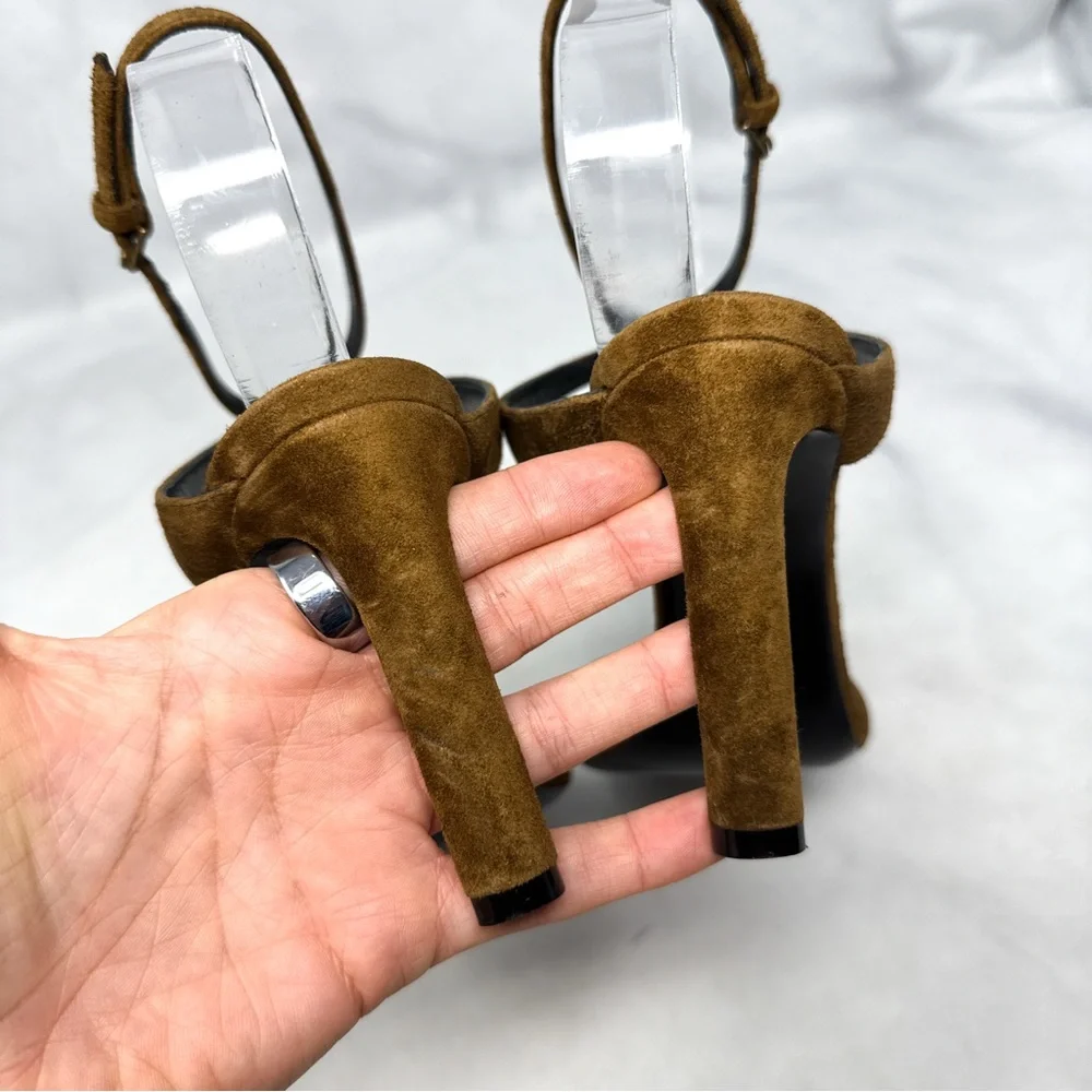 Saint Laurent Bea Bow Suede Square Toe Ankle Wrap Strap Sandal Heels Brown 37 - Picture 8 of 14